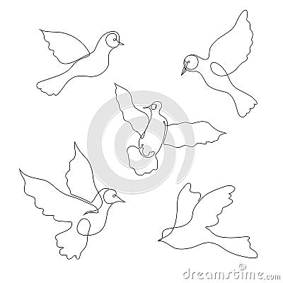Hand drawn line art doves vector logo set. Vector Illustration